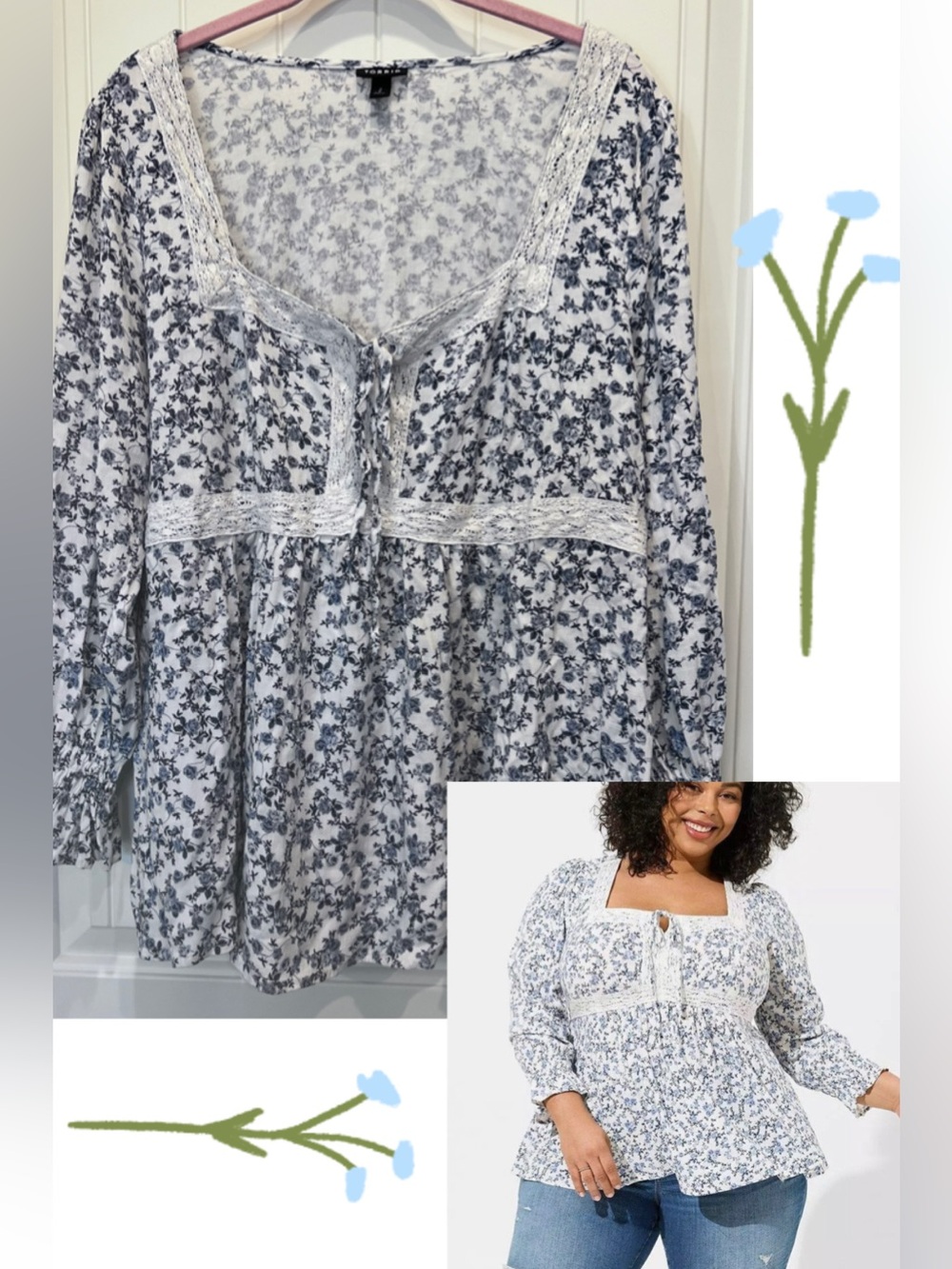 torrid Blue & White Floral Boho Peasant Top Lace accent Sz 2  2X   18/20